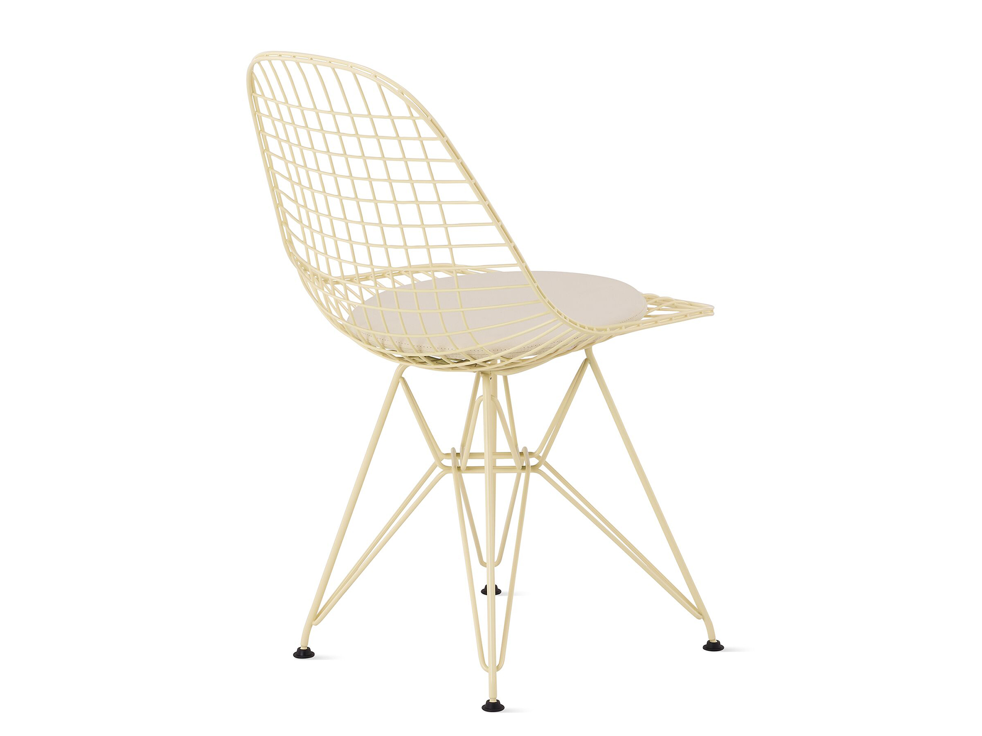Powder yellow wire upholstered chair with wire base back angle view
